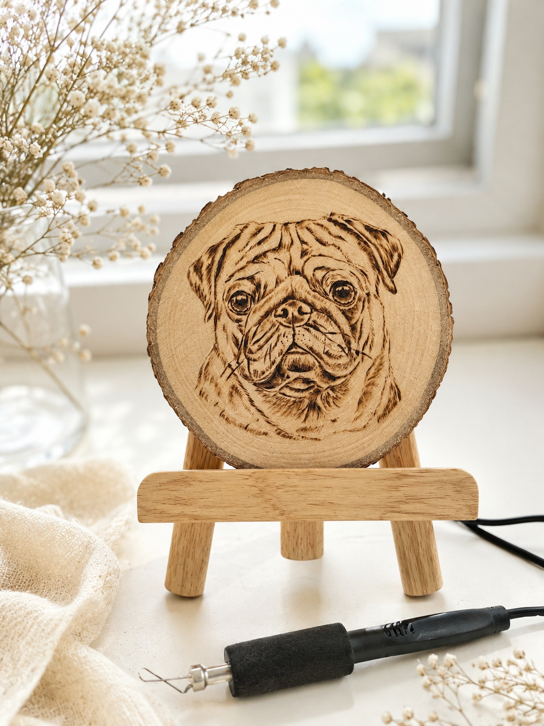 Natural Wood Circle Custom Pet Portrait – Hand-Burned Pyrography Art