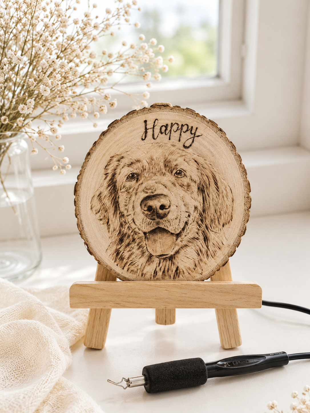 Natural Wood Circle Custom Pet Portrait – Hand-Burned Pyrography Art