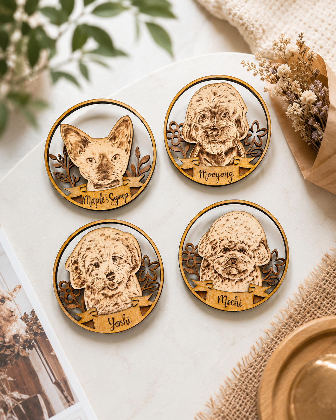 Custom Pet Portrait on Wood Layered Artwork Magnet Display – Handmade Pyrography Art