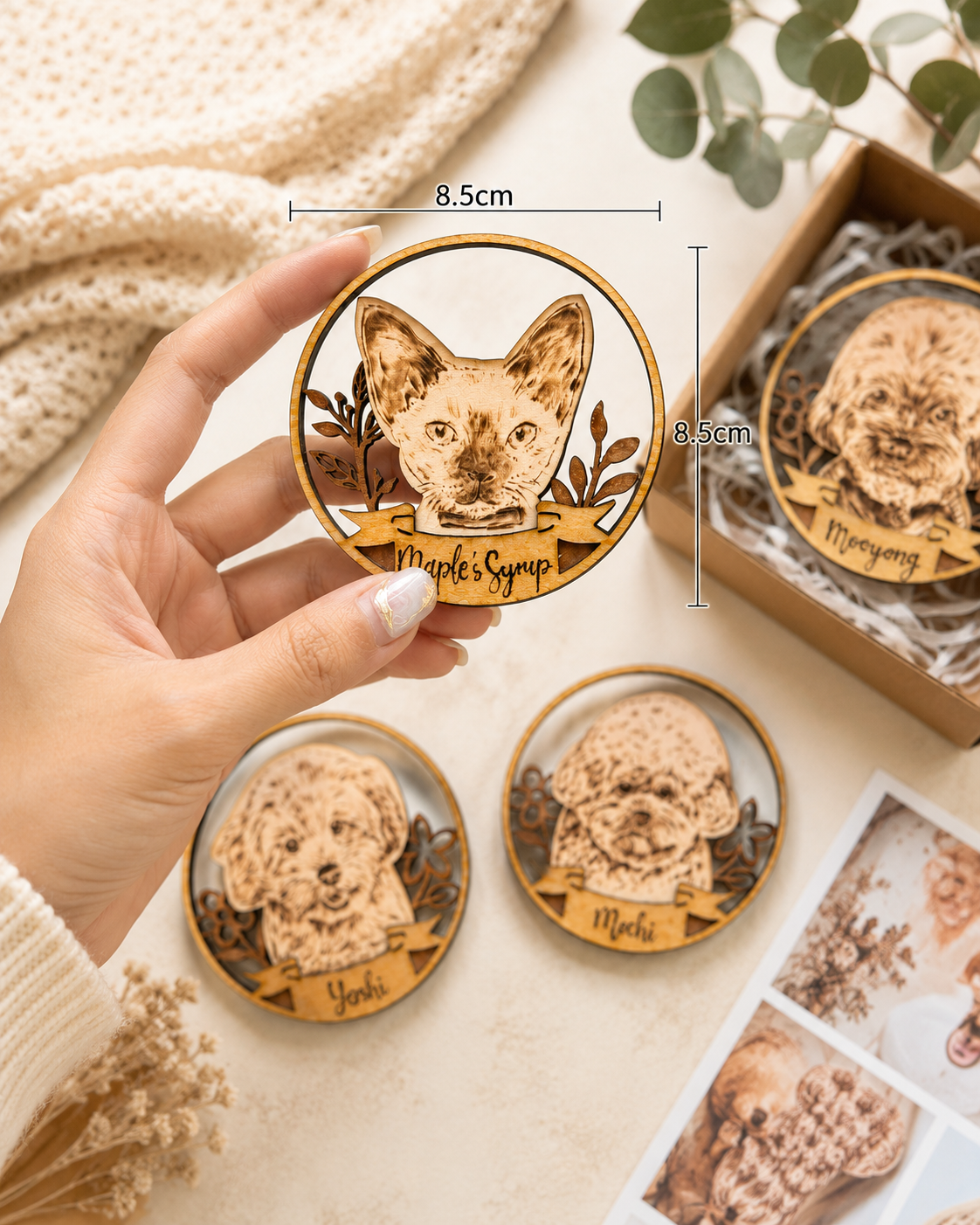 Custom Pet Portrait on Wood Layered Artwork Magnet Display – Handmade Pyrography Art