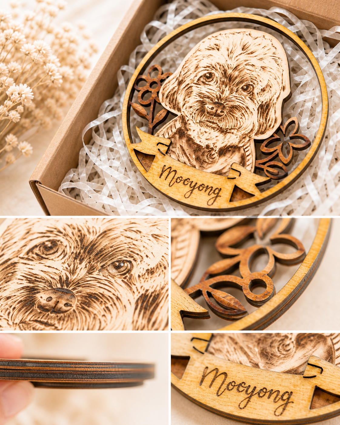 Custom Pet Portrait on Wood Layered Artwork Magnet Display – Handmade Pyrography Art