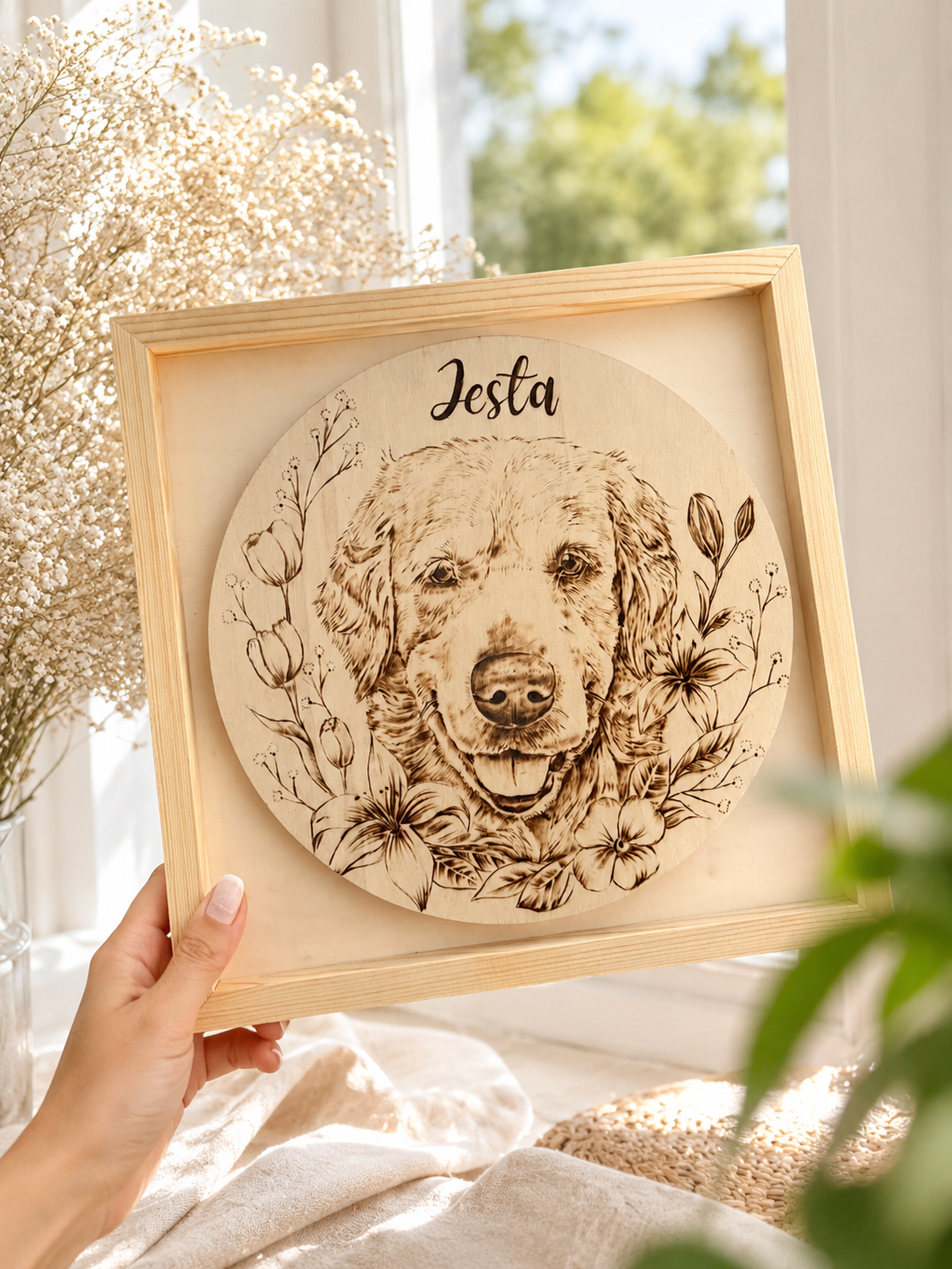 Custom Pet Portrait on Plywood – 30x30 cm Framed Pyrography Art