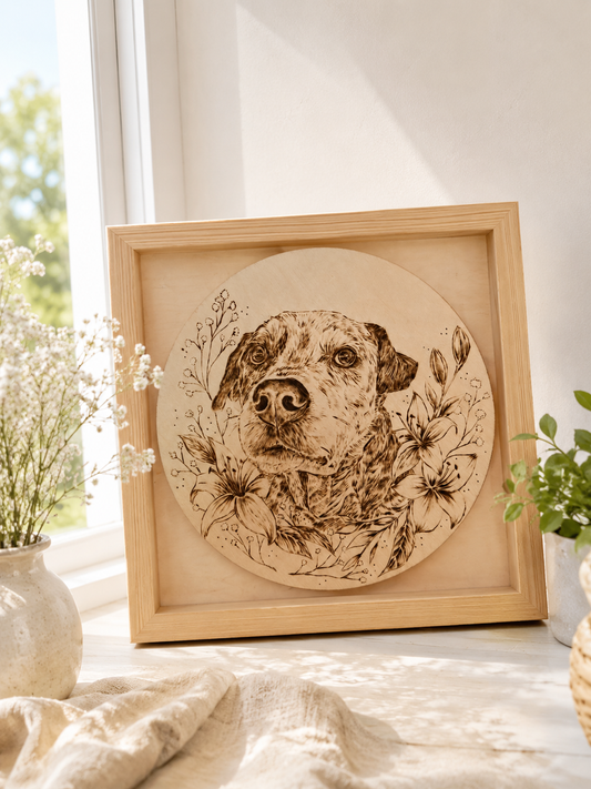Custom Pet Portrait on Plywood – 30x30 cm Framed Pyrography Art