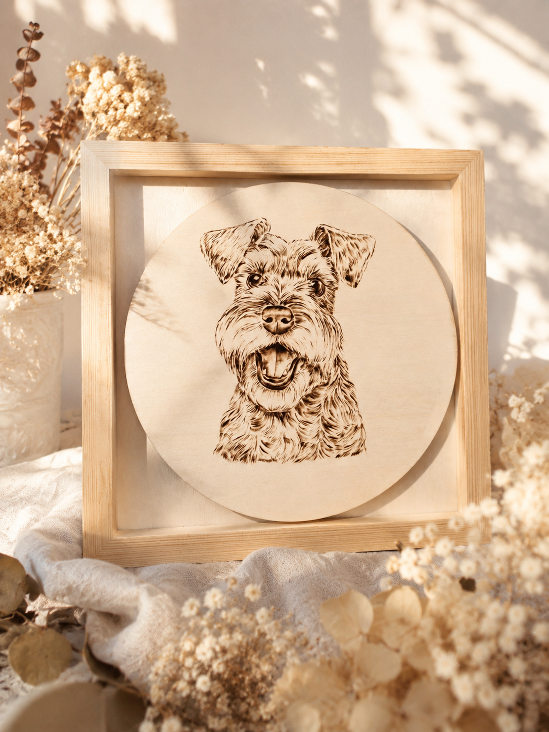 Custom Pet Portrait on Plywood – 30x30 cm Framed Pyrography Art