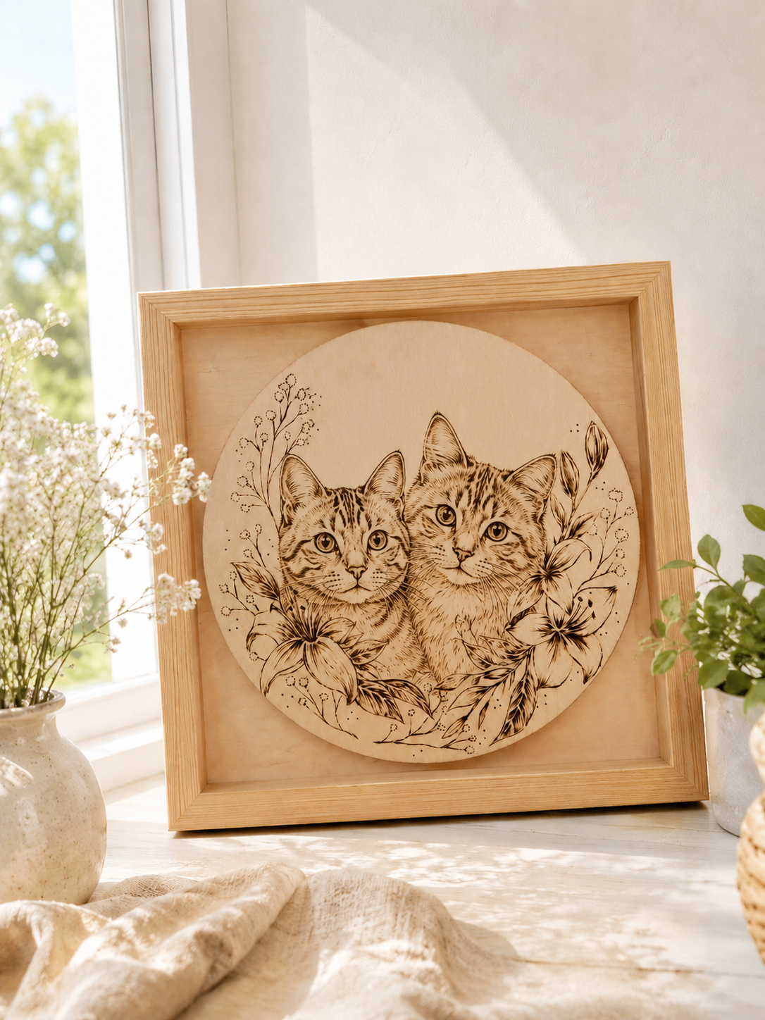 Custom Pet Portrait on Plywood – 30x30 cm Framed Pyrography Art