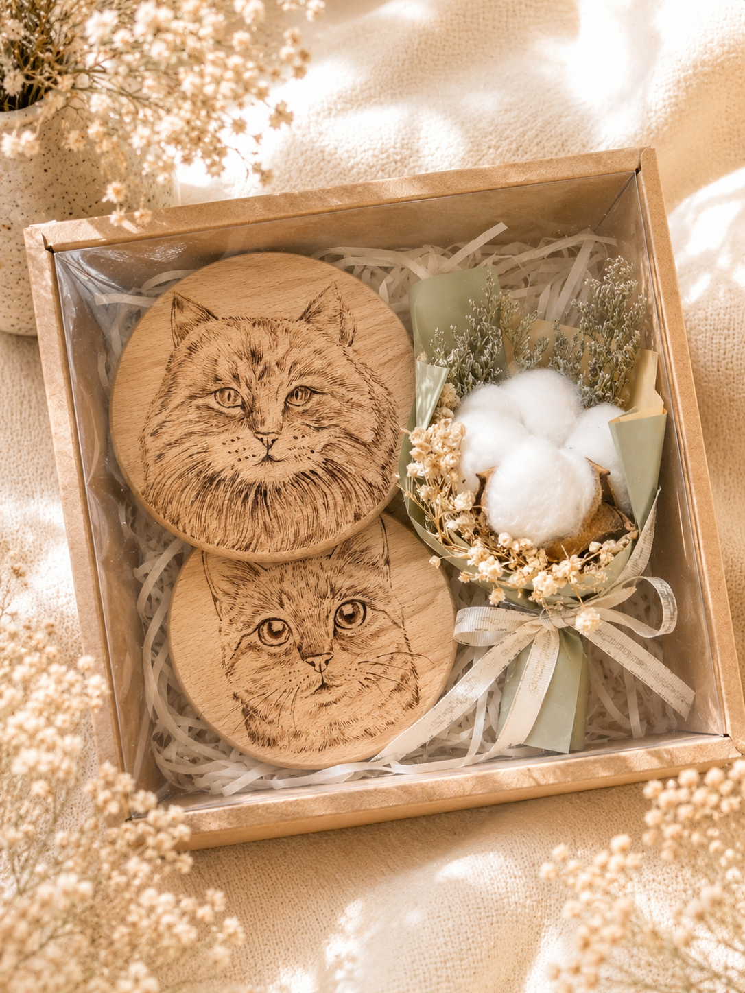 Custom Pet Portrait Wood Coaster – Hand-Burned Pyrography Art