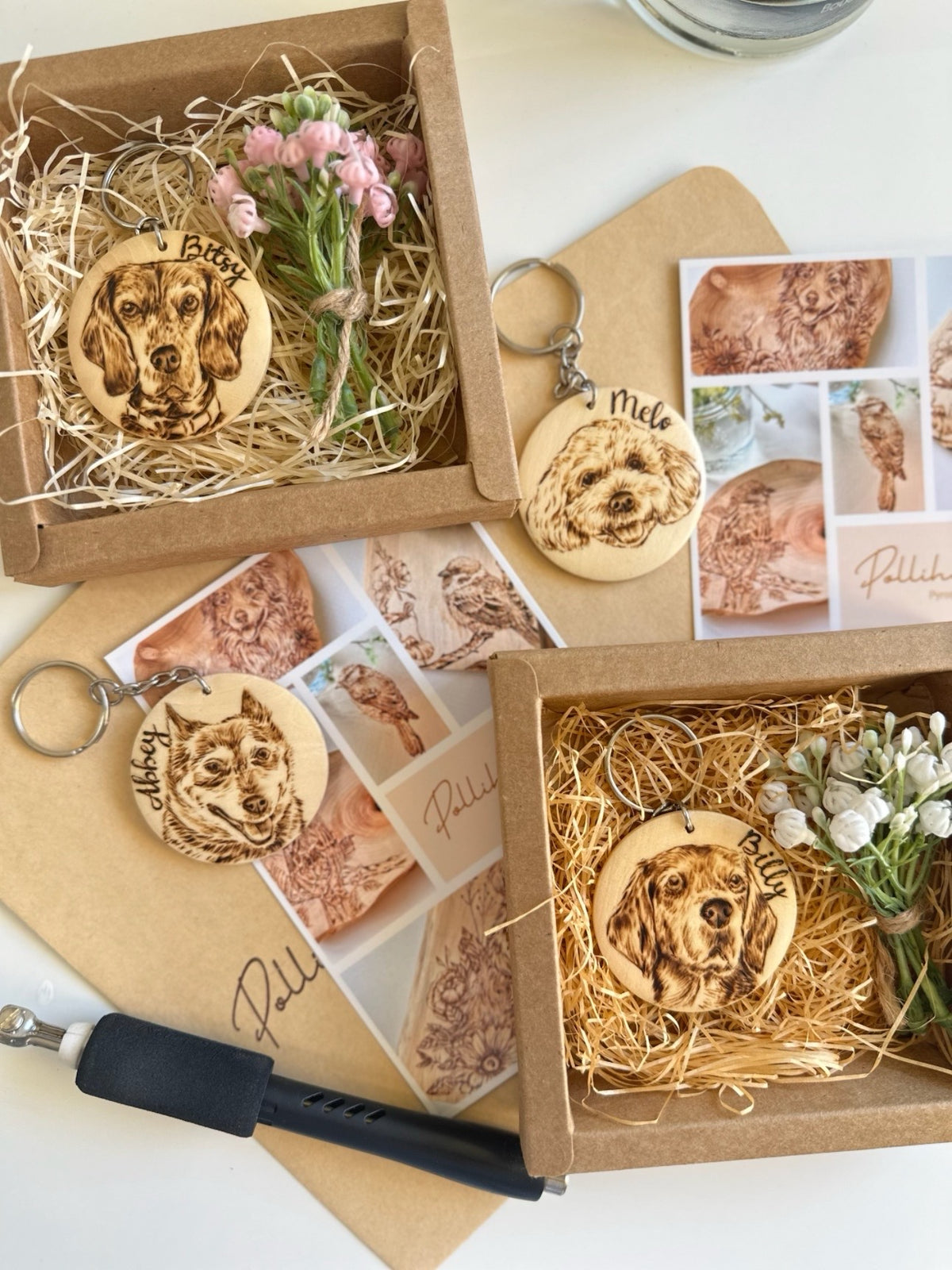 Custom Pet Portrait Key Ring – Handmade Pyrography on Wood