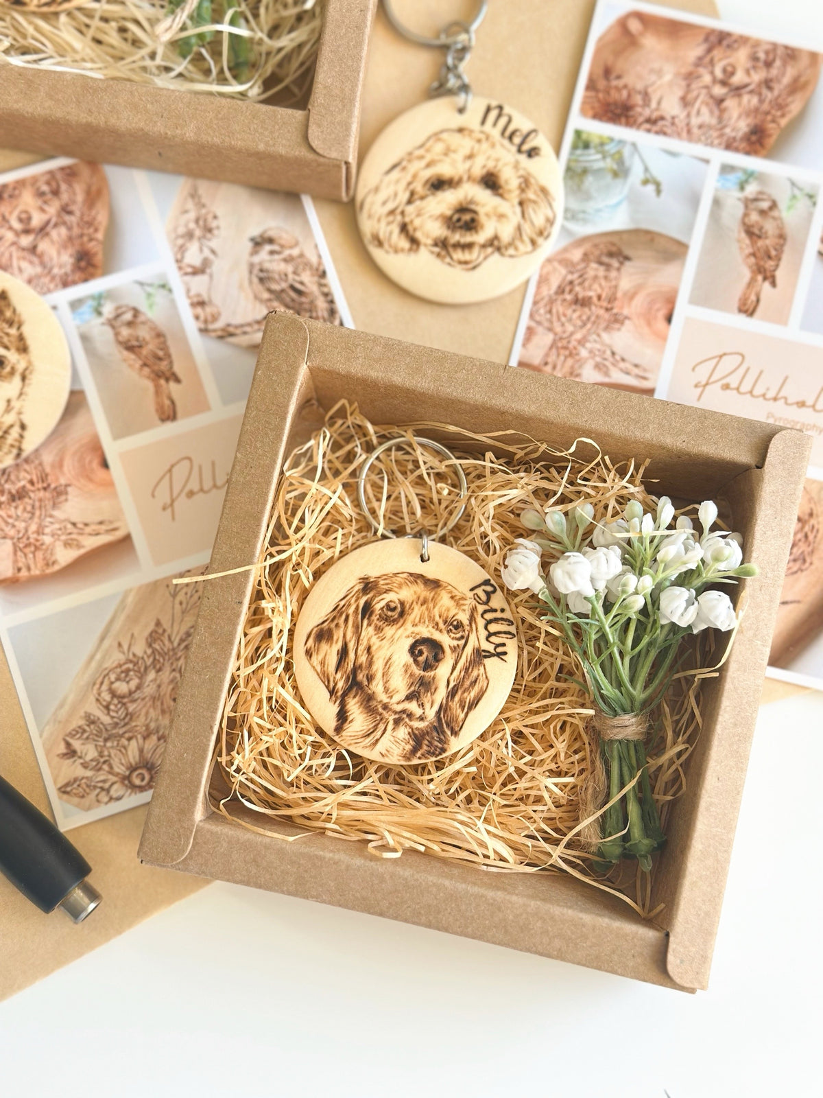 Custom Pet Portrait Key Ring – Handmade Pyrography on Wood