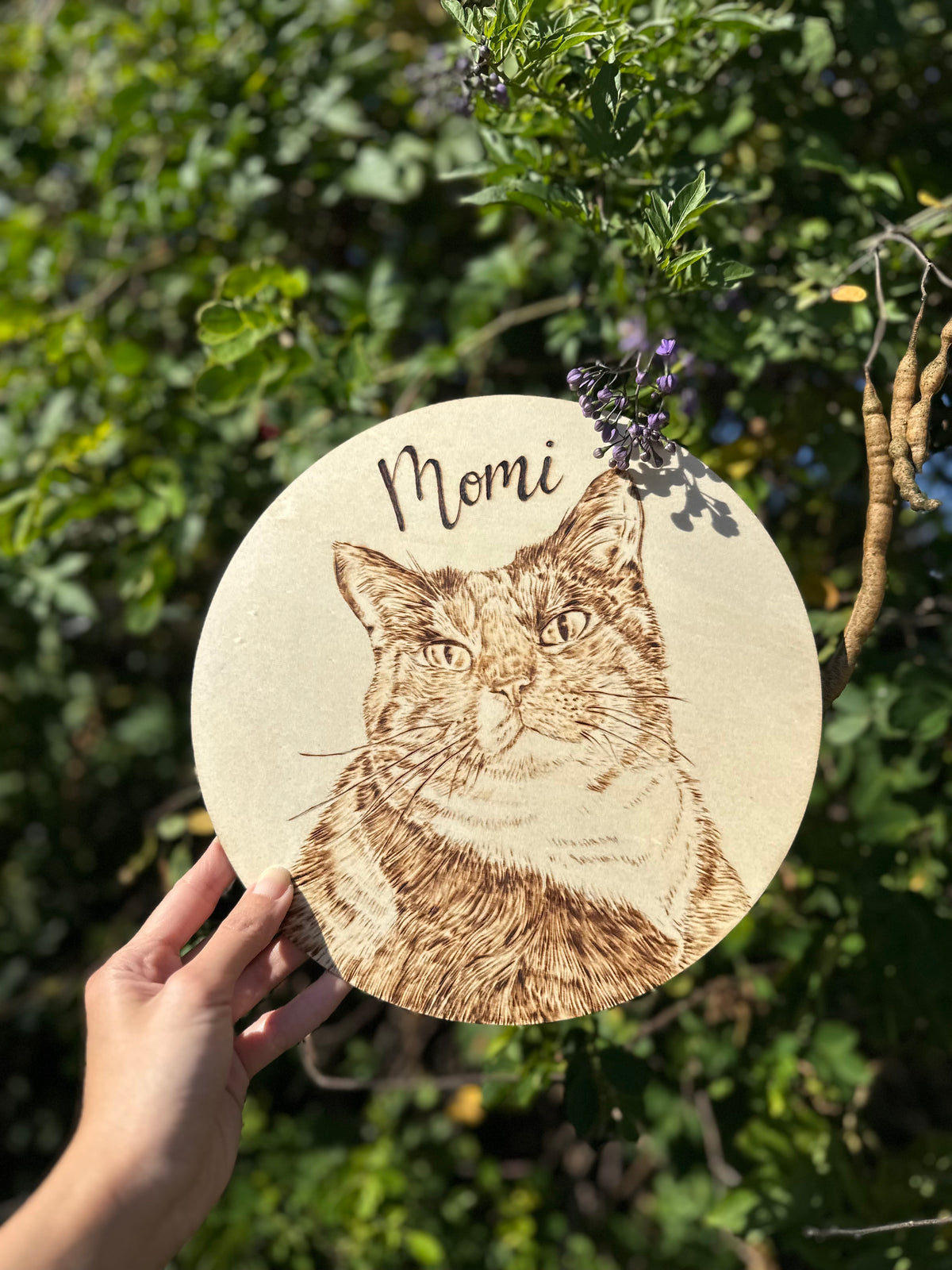 Custom Pet Portrait on Plywood – Thin Circle Plywood Pyrography Art