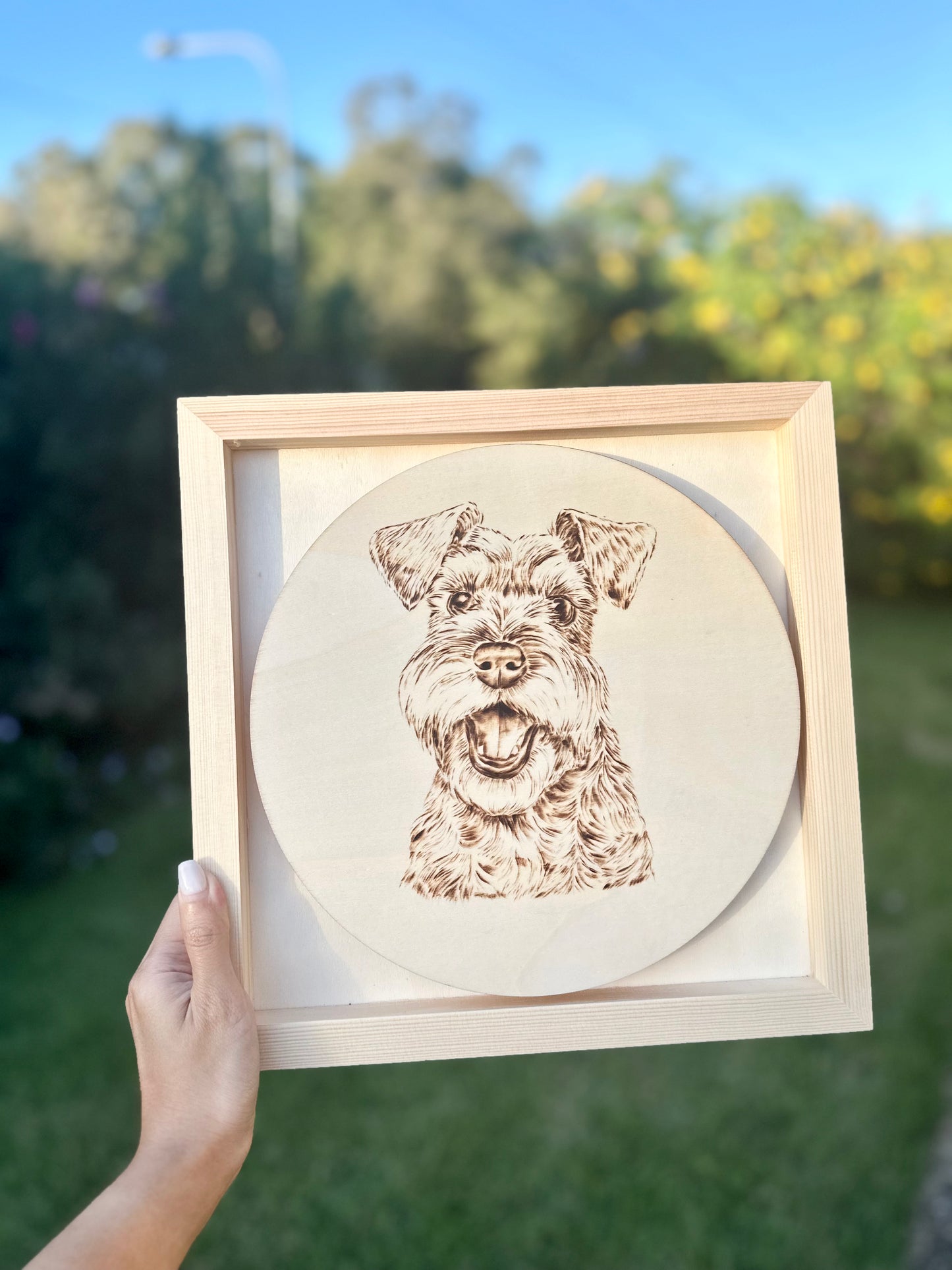 Custom Pet Portrait on Plywood – 30x30 cm Framed Pyrography Art