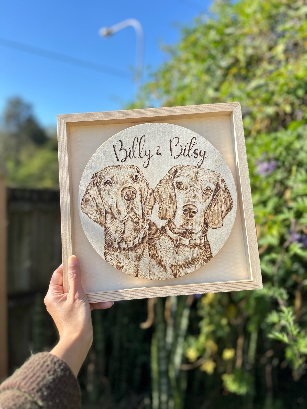 Custom Pet Portrait on Plywood – 30x30 cm Framed Pyrography Art
