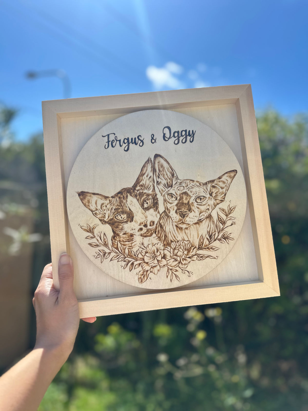 Custom Pet Portrait on Plywood – 30x30 cm Framed Pyrography Art