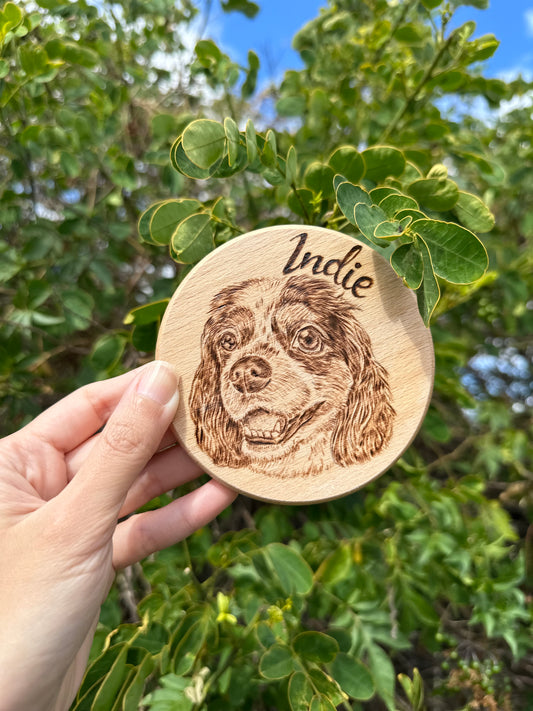 Custom Pet Portrait Wood Coaster – Hand-Burned Pyrography Art