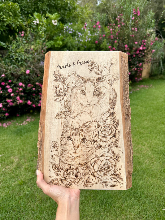 Custom Pet Portrait on Natural Wood with Bark – Handmade Pyrography Art