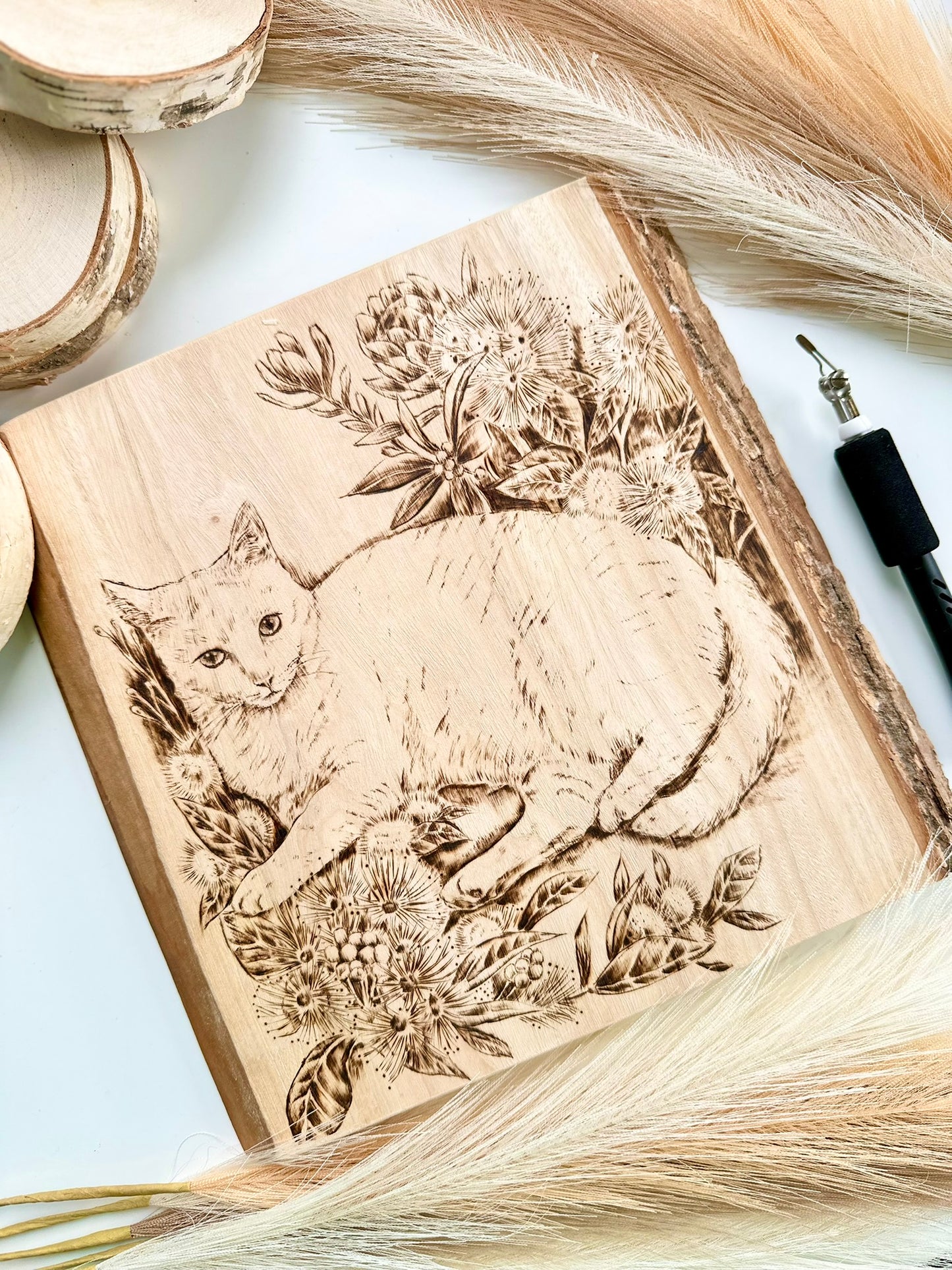 Custom Pet Portrait on Natural Wood with Bark – Handmade Pyrography Art