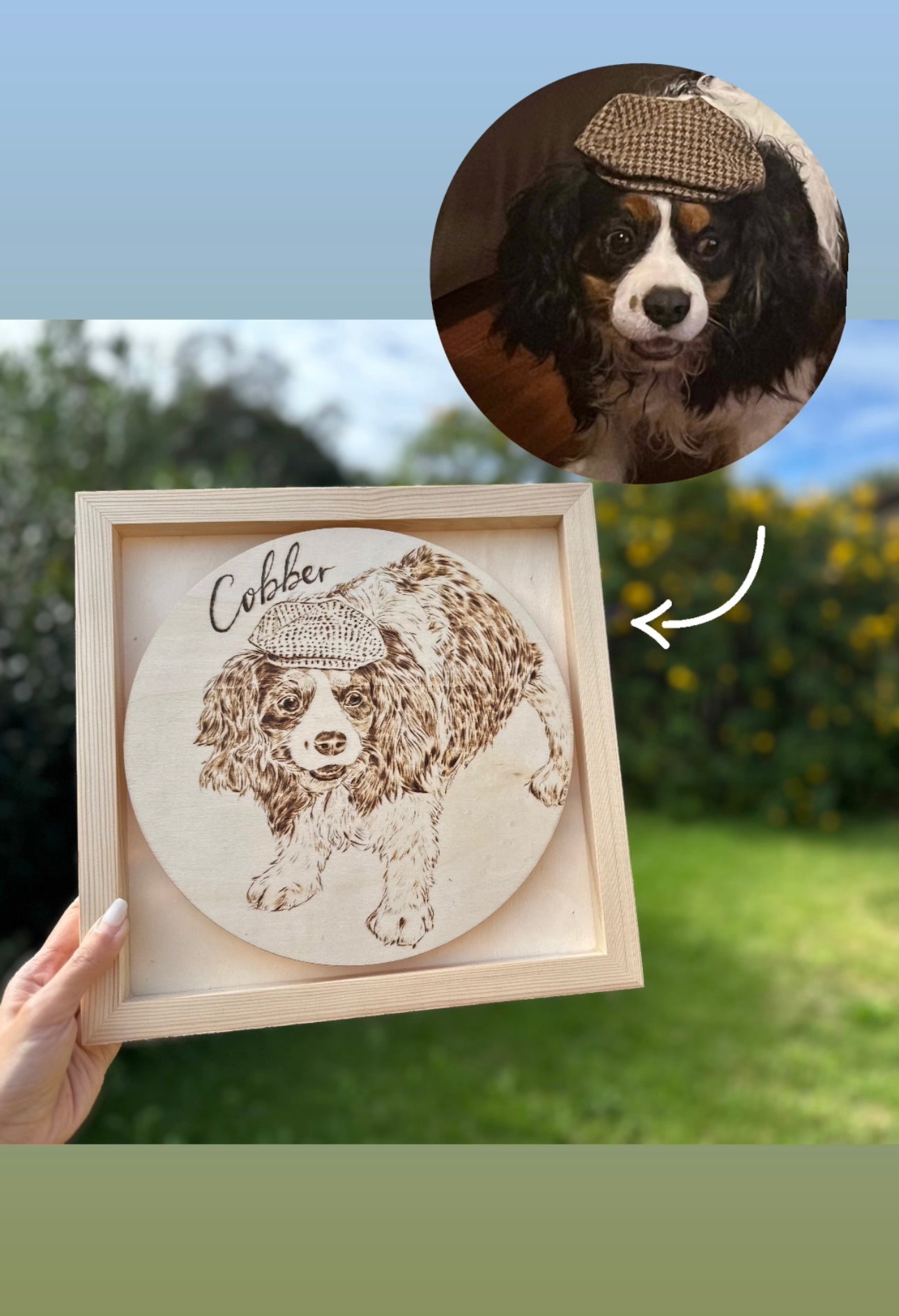 Custom Pet Portrait on Plywood – 30x30 cm Framed Pyrography Art