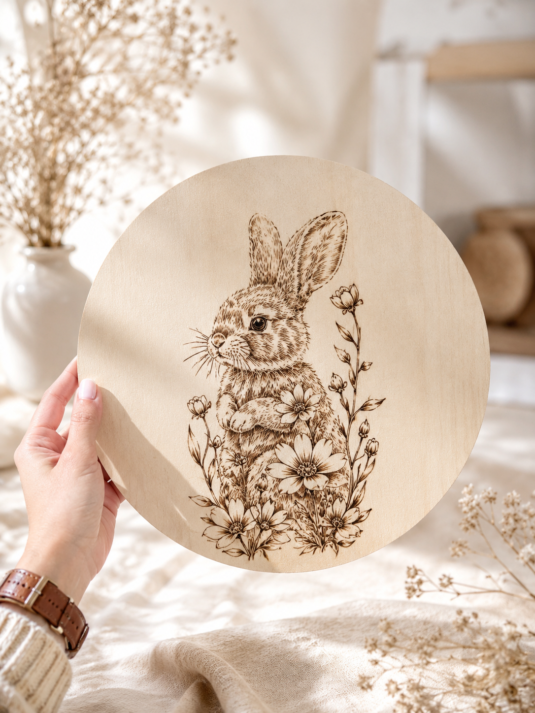 Custom Pet Portrait on Plywood – Thin Circle Plywood Pyrography Art