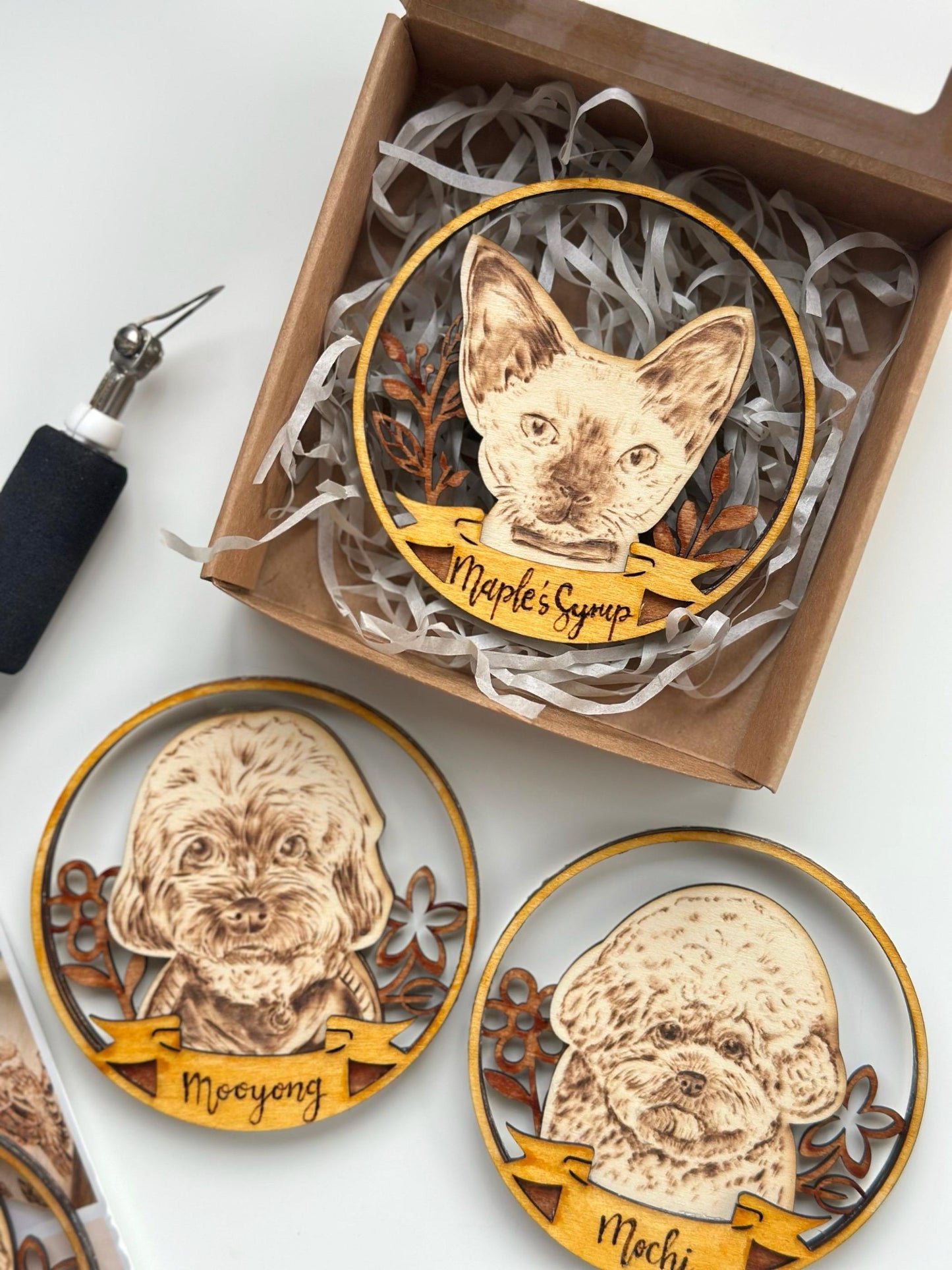 Custom Pet Portrait on Wood Layered Artwork Magnet Display – Handmade Pyrography Art