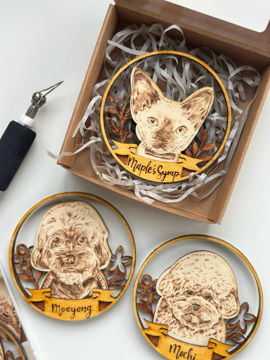 Custom Pet Portrait on Wood Layered Artwork Magnet Display – Handmade Pyrography Art