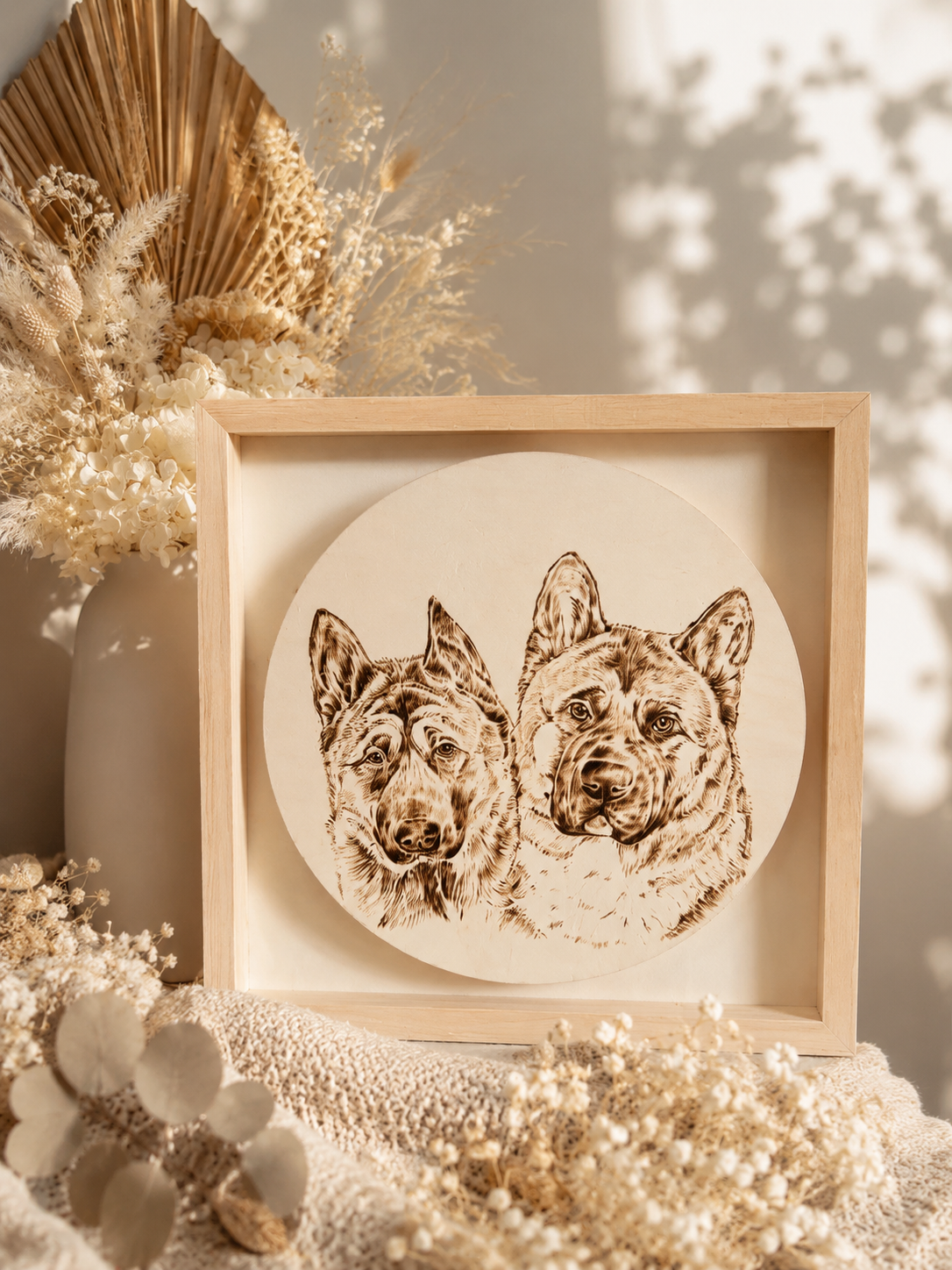 Custom Pet Portrait on Plywood – 30x30 cm Framed Pyrography Art